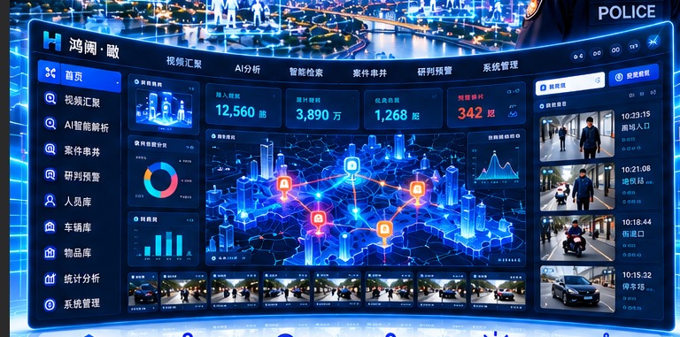 鸿阙·瞰多模态AI视频实战平台软件主界面，含视频汇聚地图视图与案件总量、AI分析总量、智能检索总量等模块